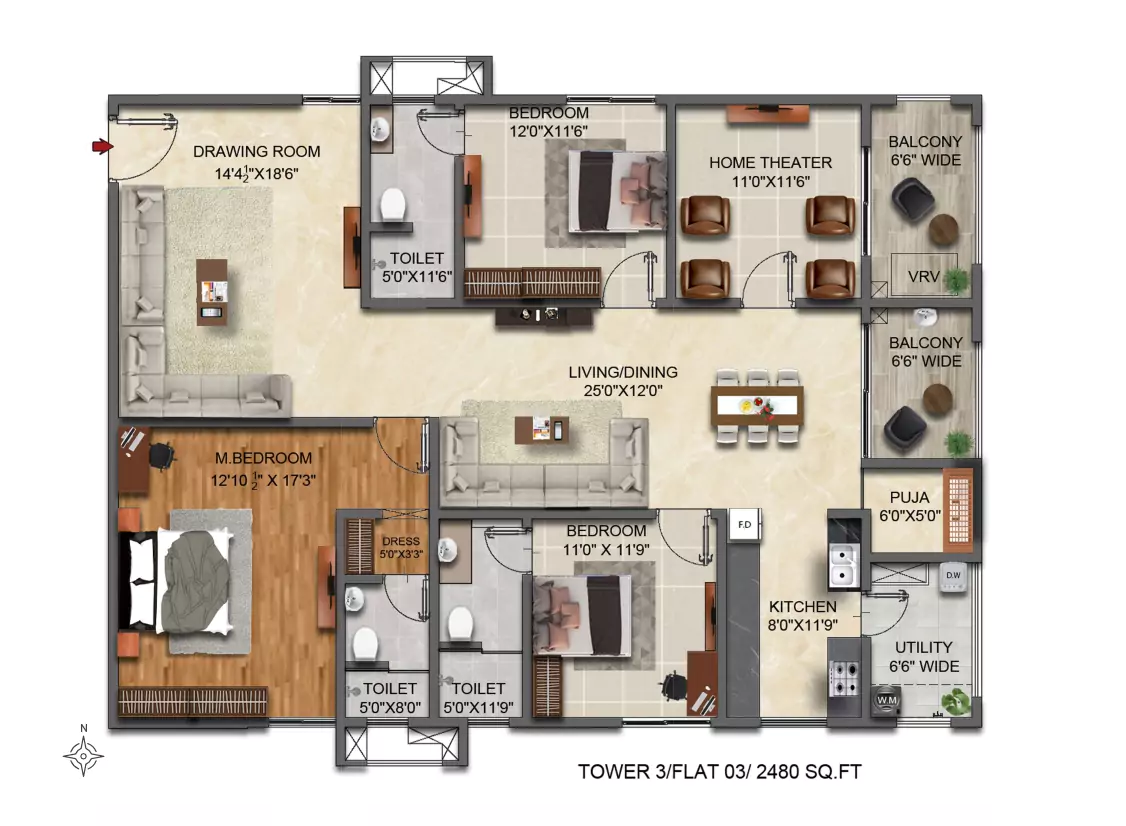 3BHK unit plan, type 1