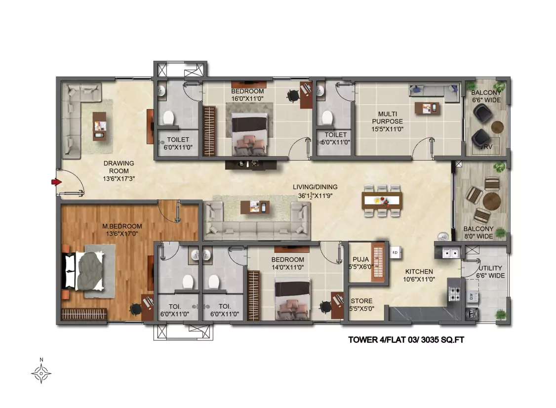 3BHK unit plan, type 2