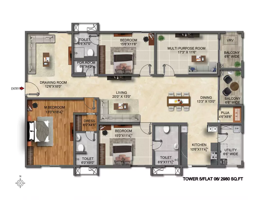 3BHK unit plan, type 3